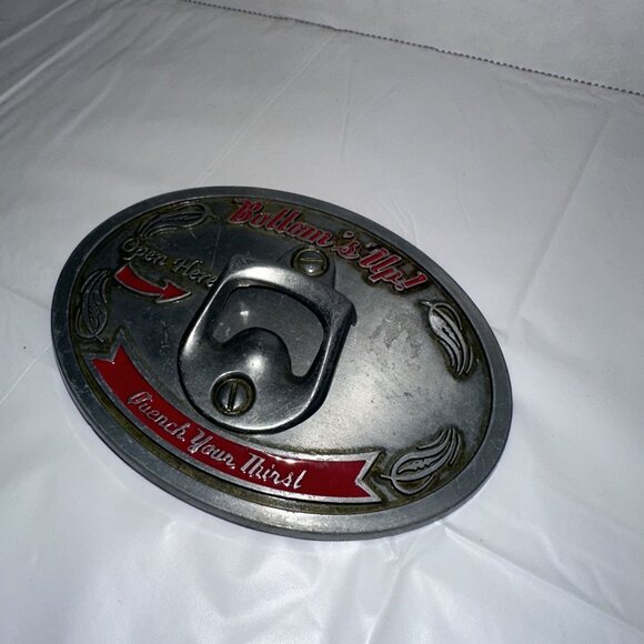 Wall-Mounted Metal Bottle Opener "Bottoms Up!" Oval Design With Red Accents - Picture 3 of 5